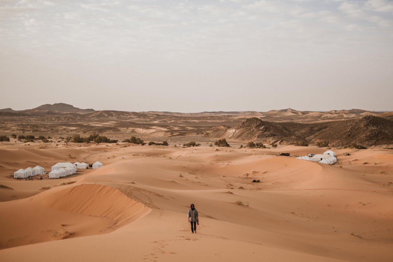 A lone traveler walks through the vast sand dunes of Morocco, surrounded by desert landscapes and tents.